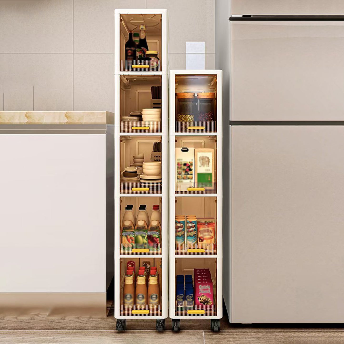 Asnews 3/4/5/6-Tiers Plastic Tall Narrow Storage Cabinet with Movable Wheels, 90° Flip Door Design, Foldable Slim Bathroom Storage Cabinet for Small Space, Bathroom, Kitchen, Laundry