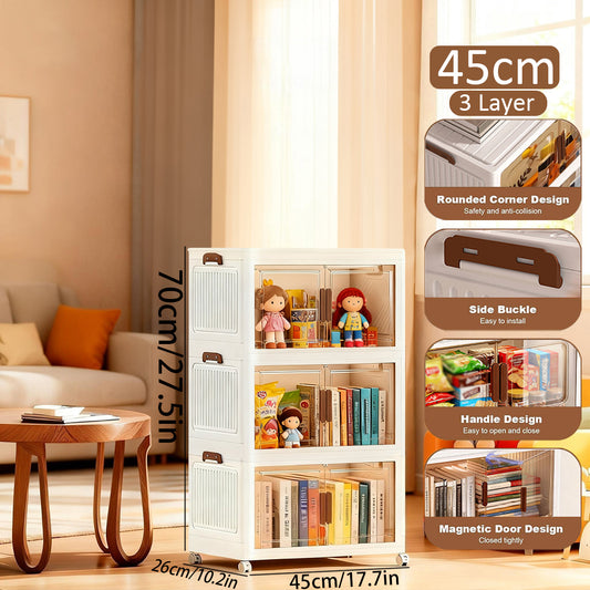 Asnews Stackable Storage Bins with Lids & Magnetic Doors, Foldable Storage Cabinet with Wheels, Transparent Plastic Storages Drawers for Bedrooms, Living Rooms, and Studies