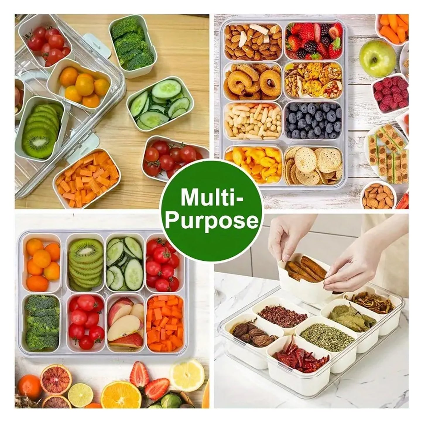 Storage container, 4 locking food trays, transparent leak proof and reusable food sealing box, used for meat, candy, fruits, nuts, snacks, kitchen organization and storage, kitchen accessories