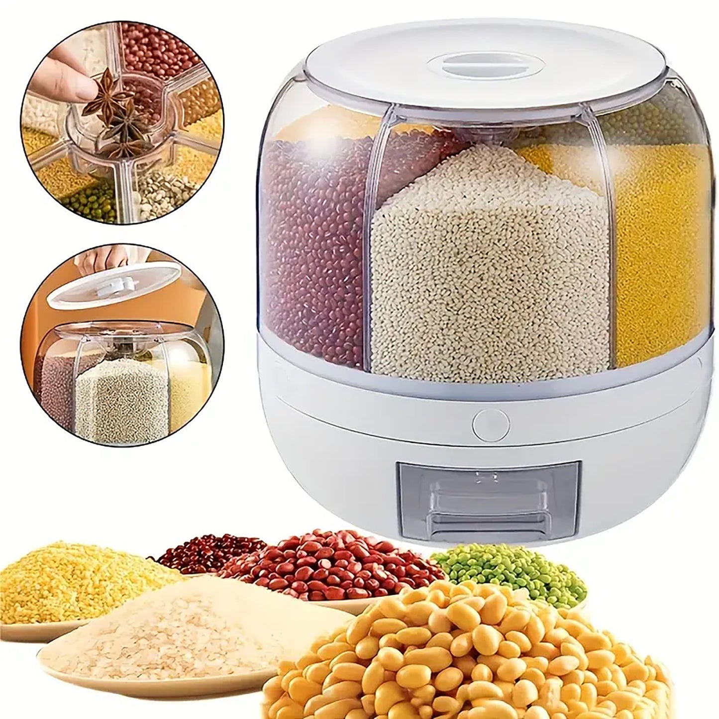 Asnews 360° Rotating Cereal Dispenser Container, Rice Dispenser Storage Container for Kitchen, BPA-free, White