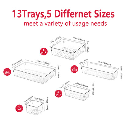 Asnews Plastic Drawer Organizers Set, Multiple Vanity Organizer, Makeup and Desk Drawer Organizer Trays, Organization and Storage for Makeup, Bathroom, Kitchen Utensils and Office