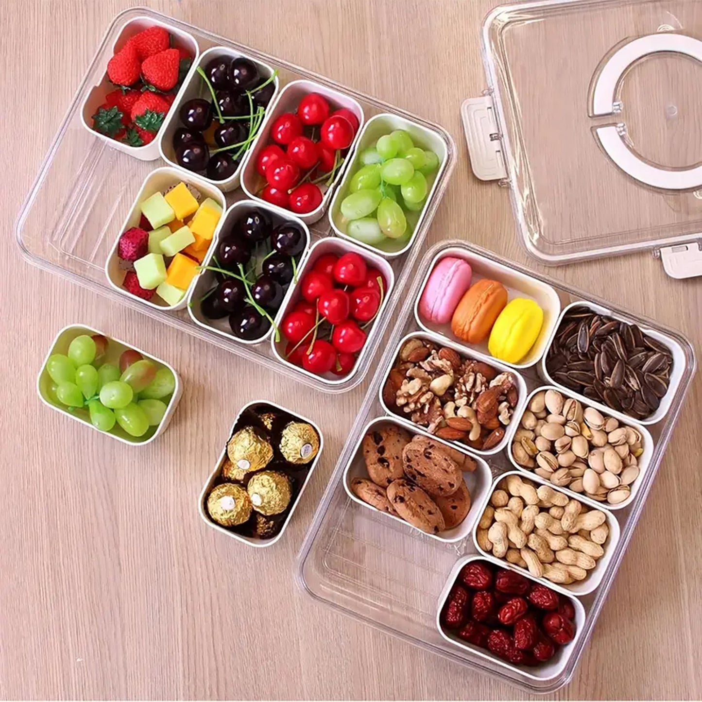 Storage container, 4 locking food trays, transparent leak proof and reusable food sealing box, used for meat, candy, fruits, nuts, snacks, kitchen organization and storage, kitchen accessories