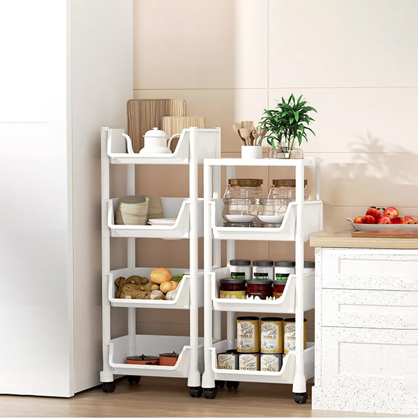 Asnews 3/4/5 Tier Plastic Rolling Cart Organizer with Lockable Caster Wheels, Bathroom Kitchen Office Workshop White