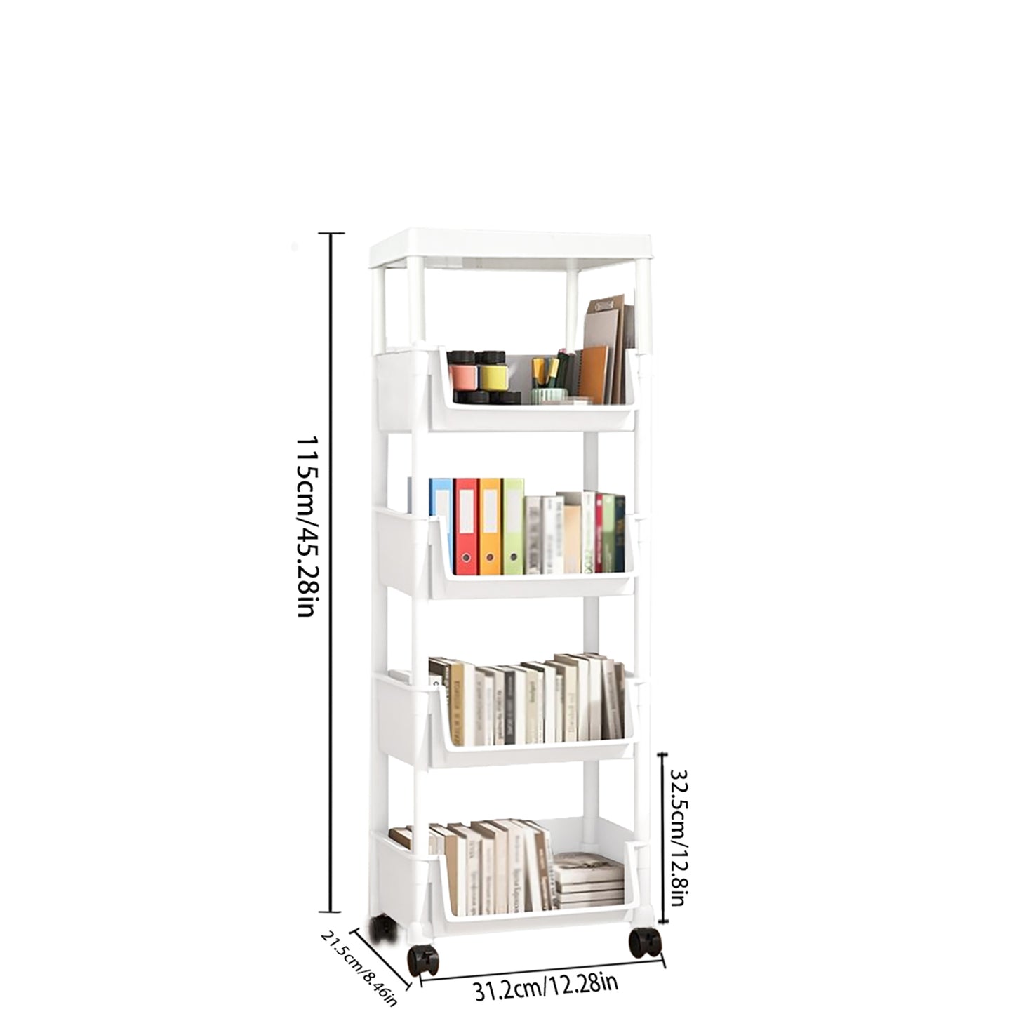 Asnews 3/4/5 Tier Plastic Rolling Cart Organizer with Lockable Caster Wheels, Bathroom Kitchen Office Workshop White