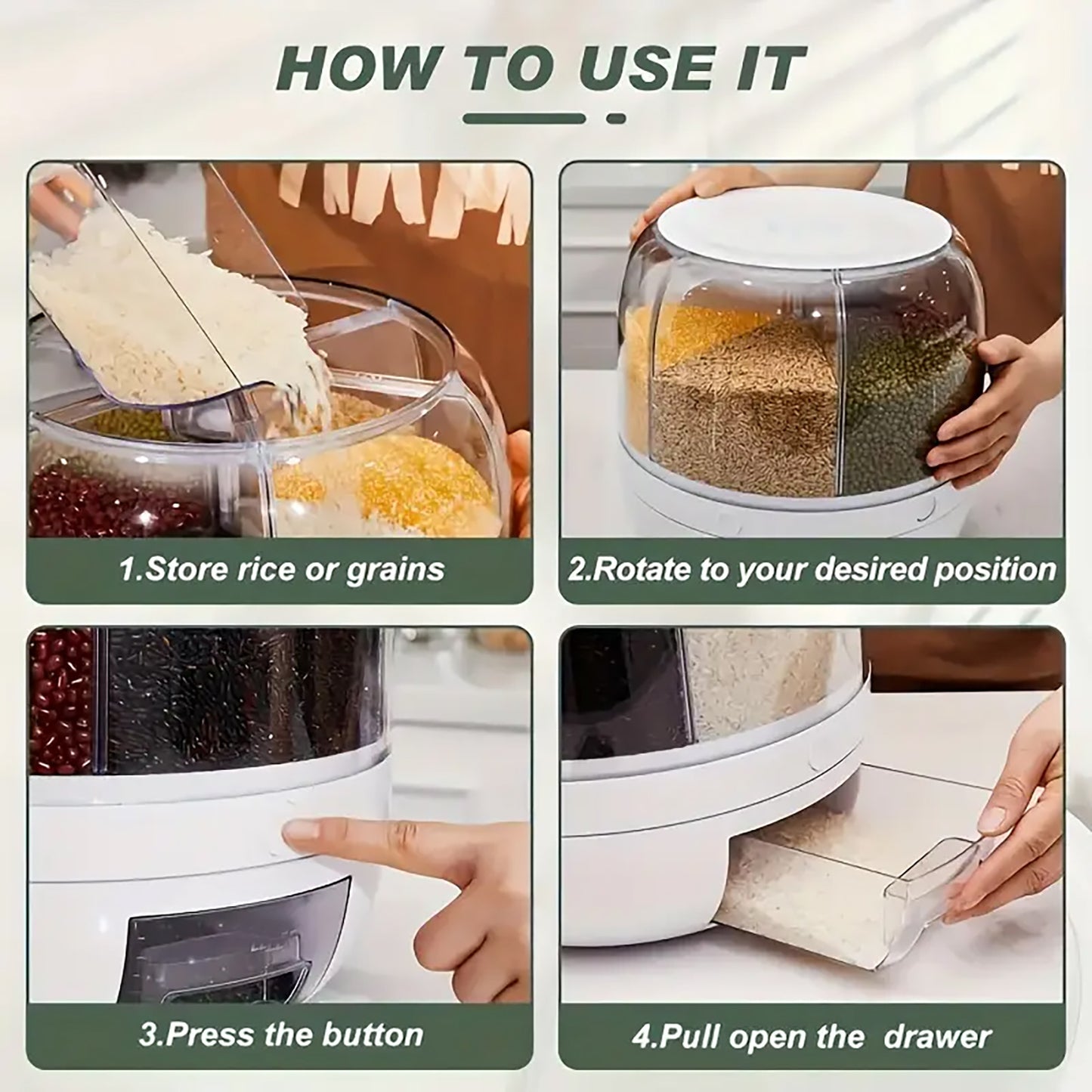 Asnews 360° Rotating Cereal Dispenser Container, Rice Dispenser Storage Container for Kitchen, BPA-free, White