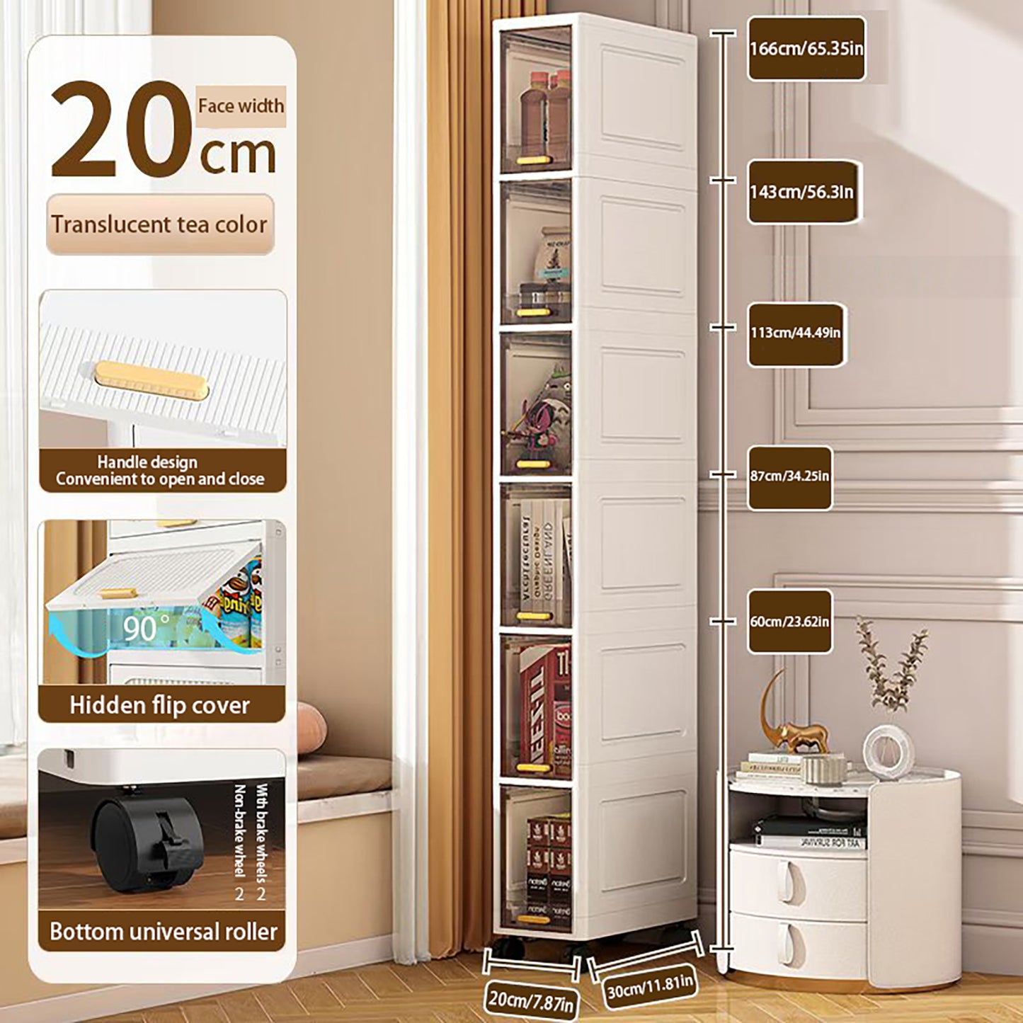 Asnews 3/4/5/6-Tiers Plastic Tall Narrow Storage Cabinet with Movable Wheels, 90° Flip Door Design, Foldable Slim Bathroom Storage Cabinet for Small Space, Bathroom, Kitchen, Laundry