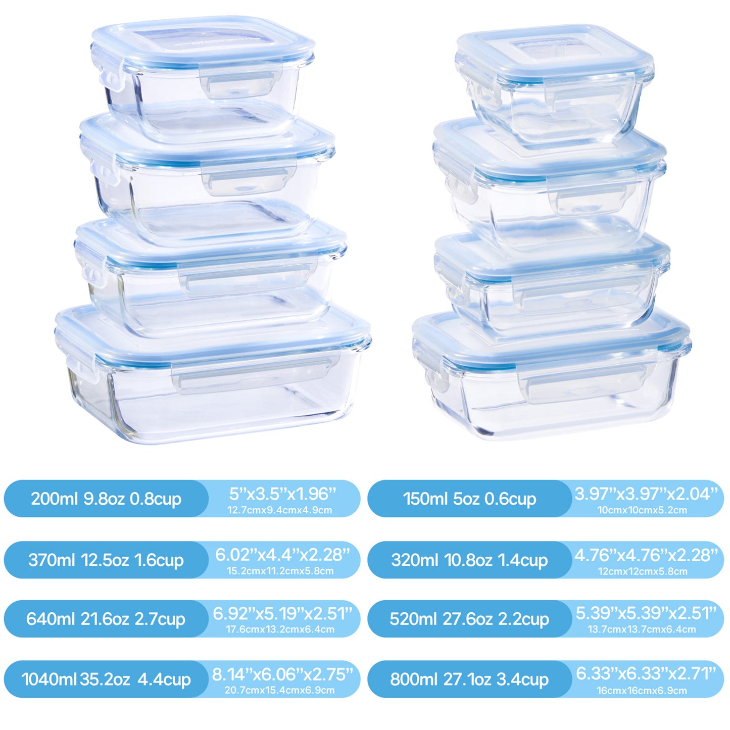 Asnews 16Pcs Glass Food Storage Containers with Lids Set, Airtight Bento Boxes, for Microwave, Oven, Freezer and Dishwasher Safe